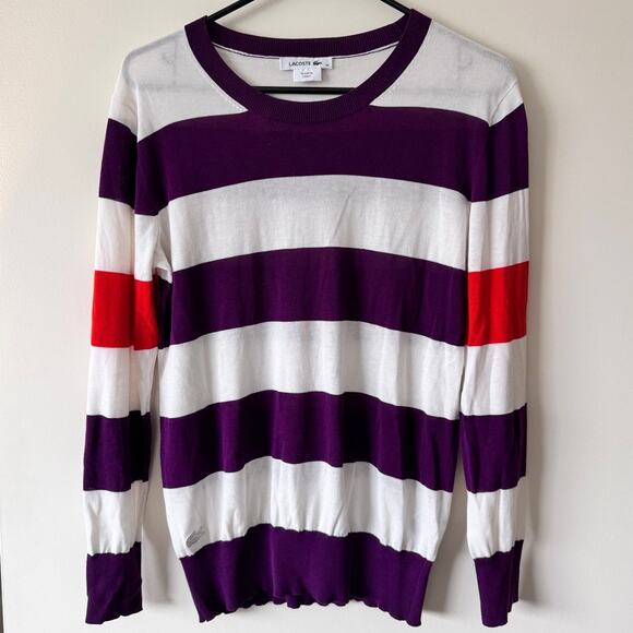 Lacoste Women's 100% Cotton Purple White Orange Stripe Sweater Size 40 (Medium) - Picture 1 of 5